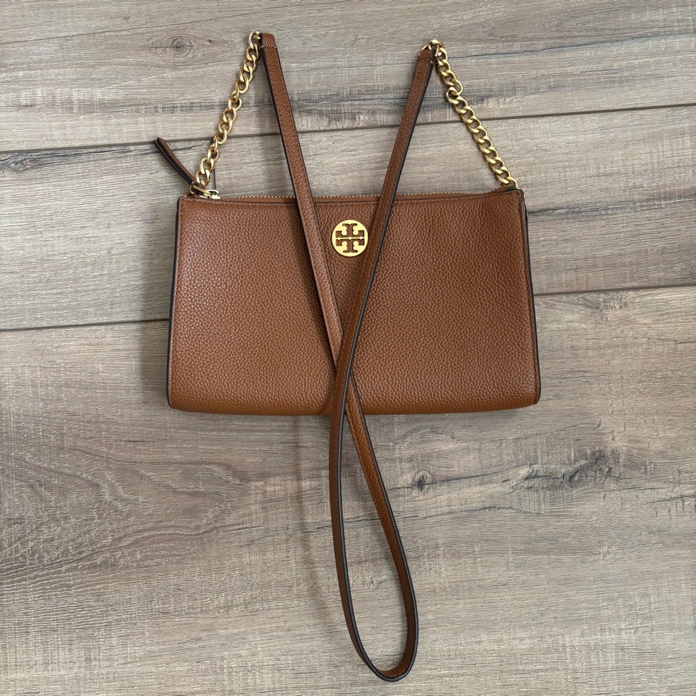 Tory Burch Tan Leather Crossbody Bag with Gold Chain